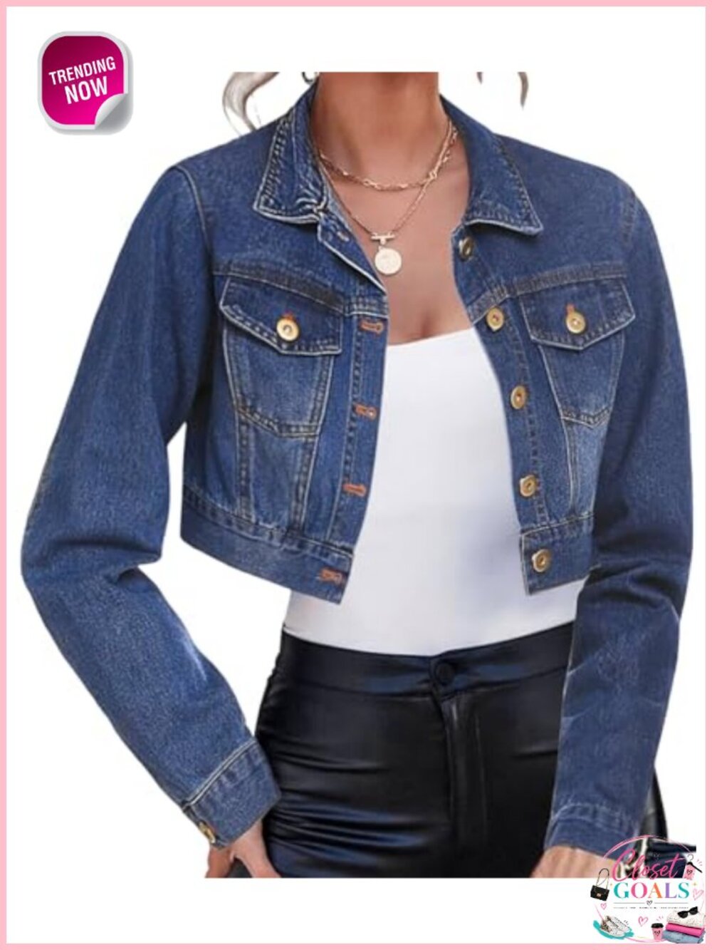 Cropped Denim Jacket Long Sleeve Button Down Jean Coat